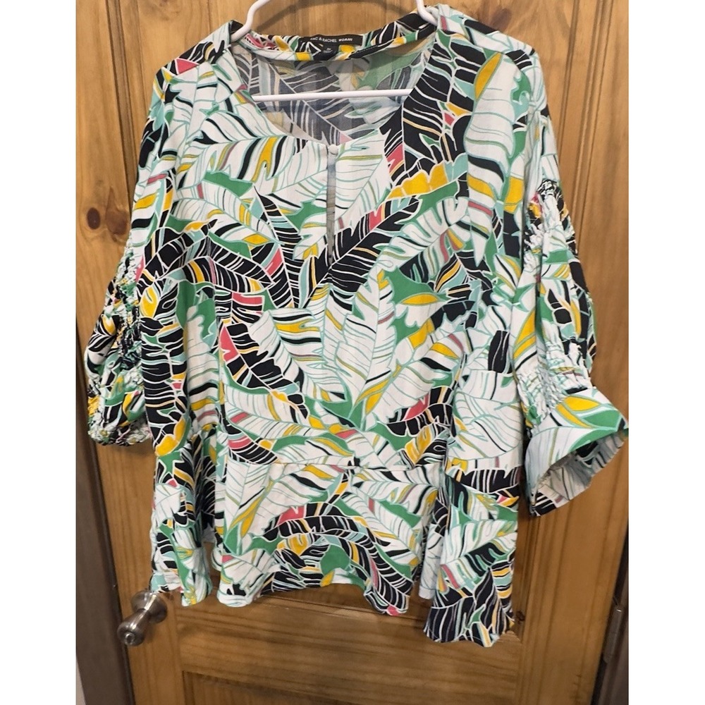 Zac & Rachel Woman 3X Tropical Leaf Print Blouse‎ Top Plus Size Smocked Sleeve
